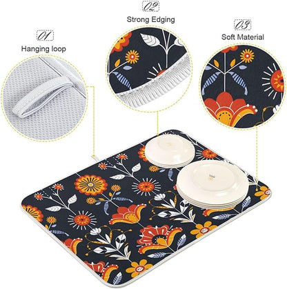 Floral Pattern Traditional Folk Art Dish Drying Mat for Kitchen Counter Absorbent Microfiber Drying Pad, Large 18x24 in, Reversible Drainer Mats