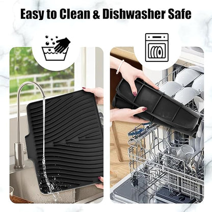 TIKNIK Silicone Dish Drying Mat, Stone Drying Mat for Kitchen Counter with Built-In Drain, Non-Slip Drain Pad with Built-in Drain, Heat Resistant Stone Drying Mat, Hangable, Black-1pc, 16" x 12"