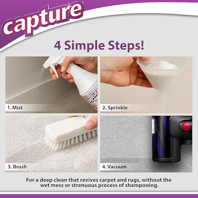 Capture Carpet & Rug Dry Cleaner w/Brush - Carpet Deodorizer & Freshener Powder - Pet Odor Eliminator - Fresh Natural Scent - Carpet Cleaner Powder - Odor Eliminator, Stains Spot Remover (1 lb)