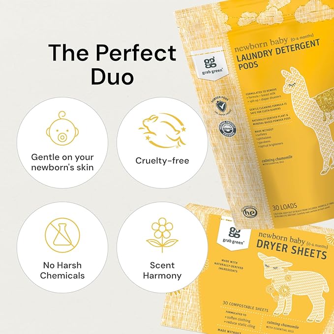 Grab Green Newborn Baby Laundry Detergent Pods and Dryer Sheets Bundle, 30 Count Pods and 40 Dryer Sheets, Calming Chamomile Scent, Plant and Mineral Based Laundry Care Set