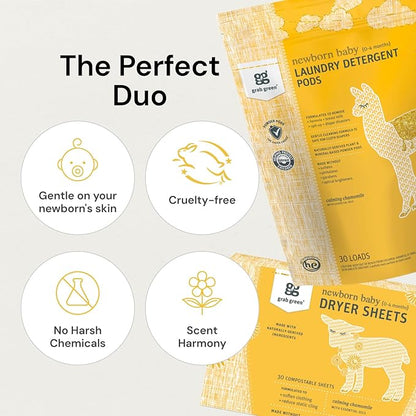 Grab Green Newborn Baby Laundry Detergent Pods and Dryer Sheets Bundle, 30 Count Pods and 40 Dryer Sheets, Calming Chamomile Scent, Plant and Mineral Based Laundry Care Set