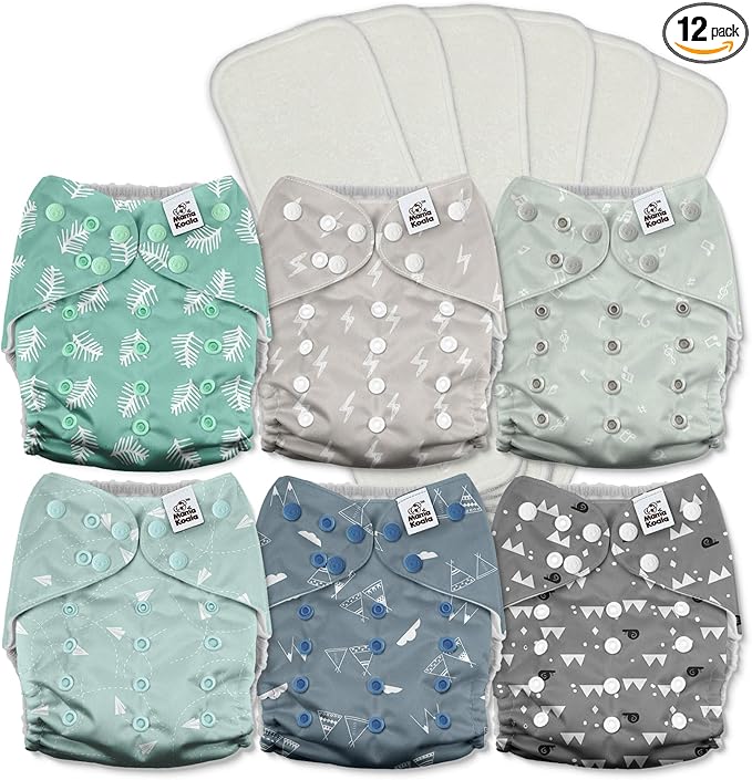 Mama Koala 3.0 Pocket Cloth Diapers for Babies with AWJ Lining, 6 Pack with 6 5-Layer Natural Cloth Diaper Inserts - Reusable and Washable Pocket Diapers(A-The Gray Sky)
