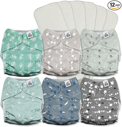 Mama Koala 3.0 Pocket Cloth Diapers for Babies with AWJ Lining, 6 Pack with 6 5-Layer Natural Cloth Diaper Inserts - Reusable and Washable Pocket Diapers(A-The Gray Sky)