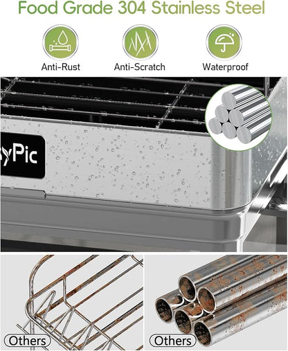 2 Tier Dish Drying Rack, Thicker Premium 304 Stainless Steel Dish Racks for Kitchen Counter, Automatic Drainage Spout, Dish Drainer & Drainboard Set with Utensil Holder and Cup Holder, Grey