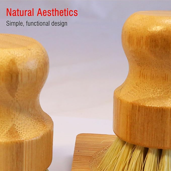 Bamboo Vegetable Brush Set, Natural Bristle Dish Brush with Holder, Eco Friendly Soft Dish Scrubber Kitchen Brush for Dishes