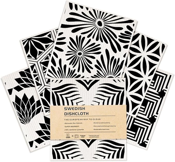 Geometric Swedish Dish Cloths Kitchen Cleaning Cloths 6 Pack, Reusable Dishcloths, Washable Absorbent Cellulose Sponge No Odor, Eco Dish Towels for Dish Washing, Gifts for Women Hostess