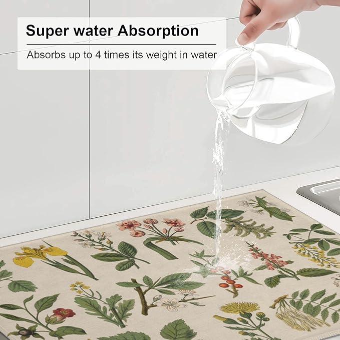 Plants Herbs Floral Dish Drying Mats for Kitchen Counter, Absorbent Reversible Microfiber Dish Drying Pad, Multi-Use Large Drying Mat Coffee Bar Accessories 18"x24"