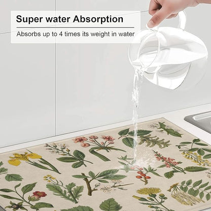 Plants Herbs Floral Dish Drying Mats for Kitchen Counter, Absorbent Reversible Microfiber Dish Drying Pad, Multi-Use Large Drying Mat Coffee Bar Accessories 18"x24"