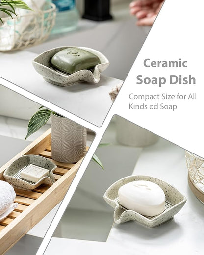 Self Draining Soap Dish, Ceramic Drain Soap Holder Waterfall Design Soap Saver for Shower, Bathroom, Sink, Kitchen and Countertop, Keeps Dry, Speckled Glaze