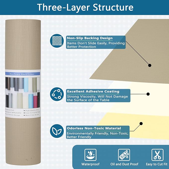 Self Adhesive Shelf Liner, Peel and Stick Drawer Liner Waterproof Contact Decor Liner with Grain Texture for Kitchen Walls Cabinets, Bedroom Classroom, Cover Book (Khaki, 17.5 x 236.2 inches)