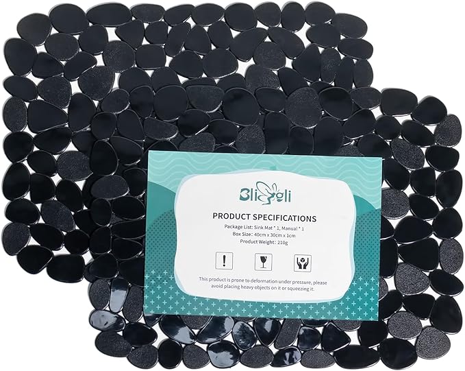 Bligli Pebble Sink Mat for Stainless Steel/Ceramic Sinks, 2 Pack PVC Sink Protectors Mats for Bottom of Kitchen Sink, Dish Drying Mat for Dishes and Glassware, 15.7 x 11.8 inch, Black