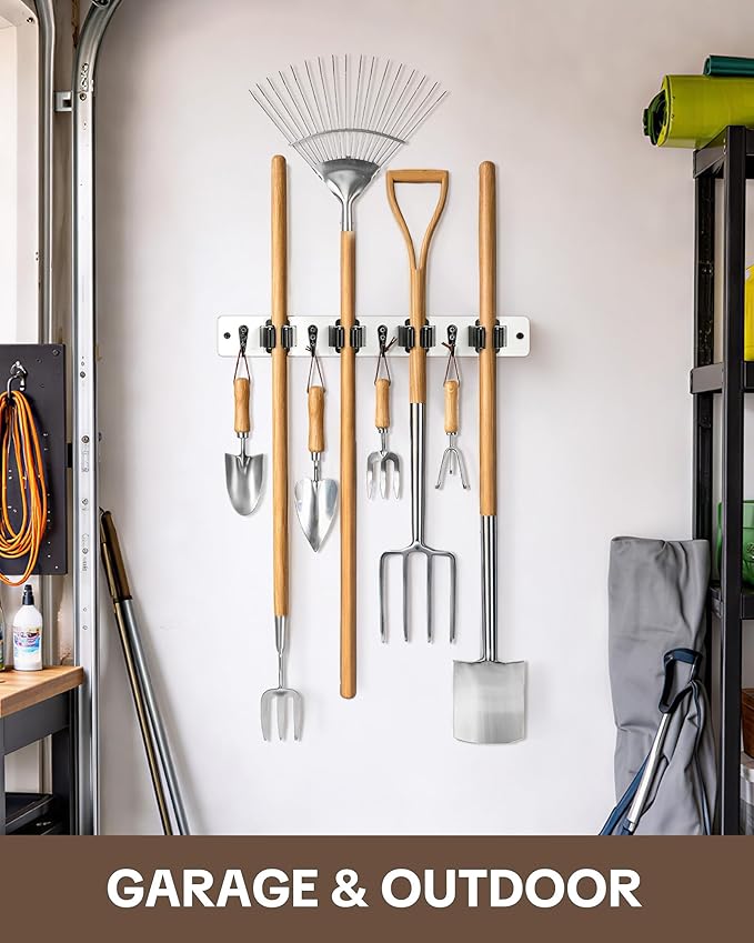 Lorbro 2 Pack Broom Holder Wall Mount, Wooden Broom and Mop Organizer Wall Hanging, Mop Hanger Rack with 4 Slots & 4 Hooks, Tool Organizer for Laundry Room, Closet, Garage, Kitchen