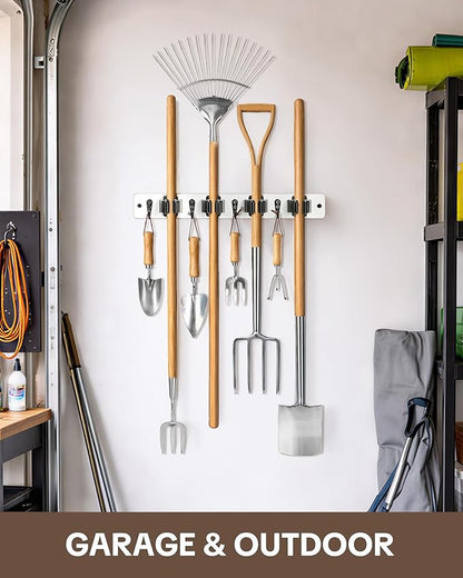 Lorbro 2 Pack Broom Holder Wall Mount, Wooden Broom and Mop Organizer Wall Hanging, Mop Hanger Rack with 4 Slots & 4 Hooks, Tool Organizer for Laundry Room, Closet, Garage, Kitchen