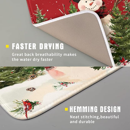 Christmas Snowman Dish Drying Mat for Kitchen Counter 16x18 Inch Watercolor Xmas Tree Bird Print Absorbent Reversible Microfiber Drying Mats Kitchen Countertop Protector Dishes Drainer Rack Pad