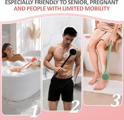 Soft Silicone Back Scrubber & Bath Glove 2PCS, 16''- 24'' Extendable Back Scrubber with Dual-Side Head, 360° Anti-Slip & Hand-fit Silicone Body Scrubber for Rich Foaming Deep Cleaning(Pink)