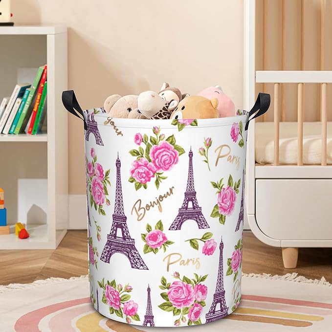 Laundry Basket Romantic Vintage Eiffel Tower Laundry Hamper Large Laundry Basket Storage Basket Tote Bag Collapsible Organizer Basket for Bathroom,Laundry,Bedroom 17.3 x16.5 Inch