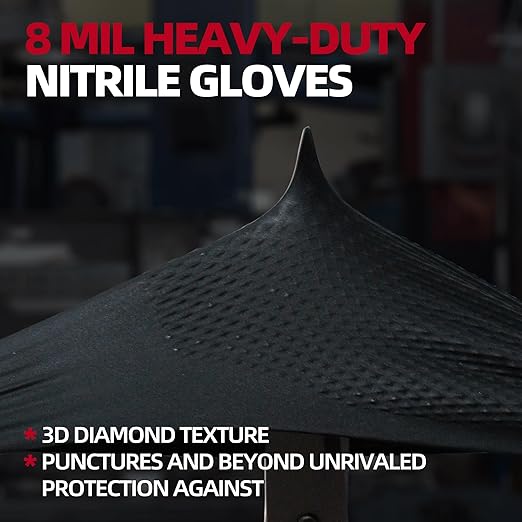 Jointown Basic Heavy Duty Nitrile Gloves, Mechanic Gloves 8 Mil Nitrile Disposable, with Raised Diamond Texture, Case of 100, Black, XLarge
