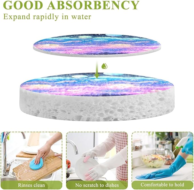 Star Moon Galaxy Kitchen Scrub Sponges, Pop-up Kitchen Cleaning Sponges Reusable Dish Washing Sponges for Bathroom Household Cleaning 3 Pack - Non Scratch Scrubber