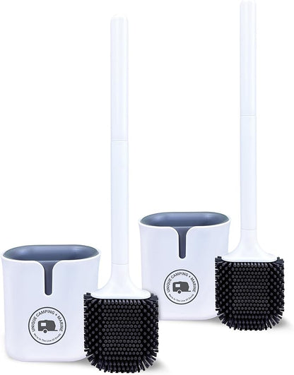 Unique RV Toilet Bowl Brush, Compact, Silicone Bristles, Won't Damage Toilets or Seals, Wall-Mount No-Drip Holder (Pack of 2)