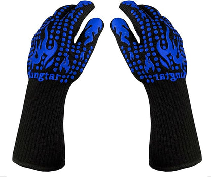 Oven Mitts Heat resistan BBQ Heat Proof Glove 1472℉ 14Inch Grill Glove for Men BBQ Gloves Gift Set for Cooking, Oven,Grilling, Baking, Welding (Long Cuff, Blue)