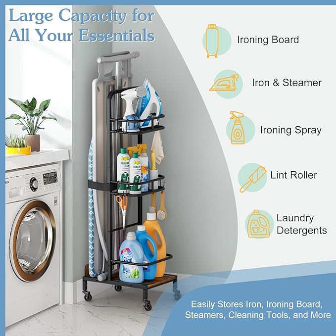 Ironing Board Hanger,Iron and Ironing Board Holder No Wall Mount,Laundry Room Organization and Storage Cart with Iron Stand,Narrow Laundry Shelves Organizer Cabinet,Laundry Room Essentials Accessories