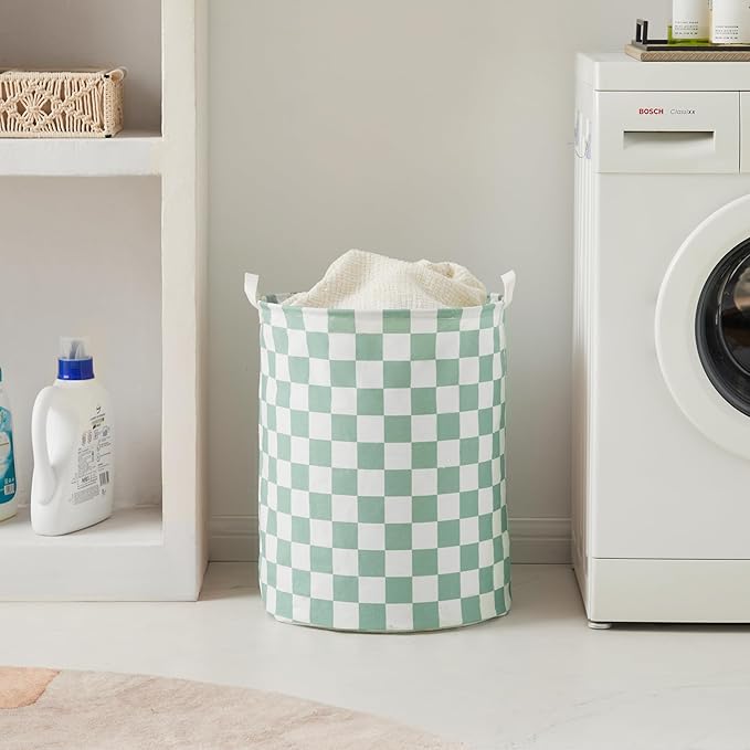 Sage Green Checkered Laundry Basket, Collapsible Aesthetic Cute Canvas Organizer Hamper Basket for Storage, Toy Bins, Bedroom Clothes, Children Nursery, Gift Basket