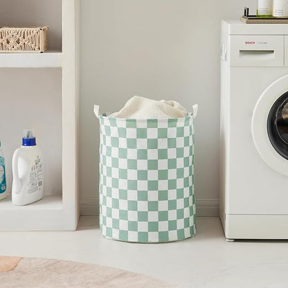 Sage Green Checkered Laundry Basket, Collapsible Aesthetic Cute Canvas Organizer Hamper Basket for Storage, Toy Bins, Bedroom Clothes, Children Nursery, Gift Basket