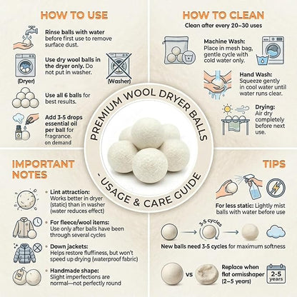 100% Pure New Zealand Wool Dryer Balls, 6-Pack - Natural Fabric Softener Alternative, Reduce Static, Soften Clothes, Shorten Drying Time & Absorb Lint (White)