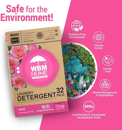 WBM 10-in-1 Laundry Detergent Pods, Ultra Concentrate, Powerful Stain Lifter, Fabric Softener, Rose Scent, 32 Count, HE Compatible, Eco-Friendly, Gentle