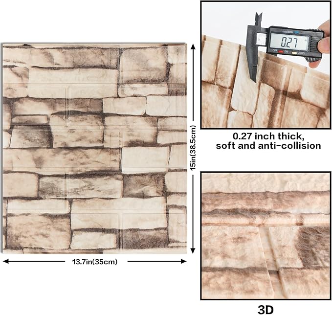 10PCS 3D Wall Panels Peel and Stick Foam, Self-Adhesive Decorative 3D Brick Wallpaper Wall Covering, Faux Stone Wall Panel Foam Brick for Living Room, Kitchen, Bathroom