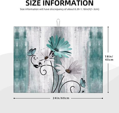Floral Dish Drying Mat 18x24 Inches For Kitchen Counter Summer Spring Teal Blue Daisy Flower Kitchen Decoration Drying Mat Modern Decorative Drying Pad For Home Kitchen Decor,Dining Room,Office