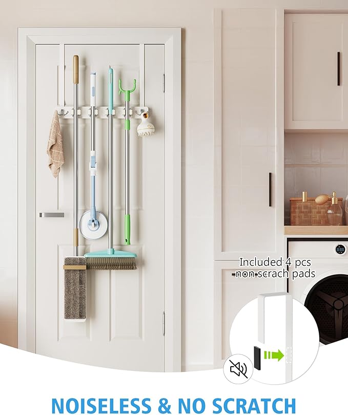 BS-VOG Over the Door Broom Holder, Mop and Broom Holder Door Mount, Hanging Organizer with 4 Racks & 2 Hooks, Wooden Hanger Storage Decor, Laundry Tool Organizer for Closet Garage, No Drills