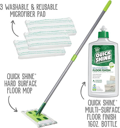 Quick Shine Multi Surface Floor Clean + Polish Mop Kit w/ 3 Reusable Pads & 1-16 oz. Floor Finish | Use Wet + Dry | Hardwood, Luxury Vinyl Plank, Laminate | Safer Choice pH Neutral Formula