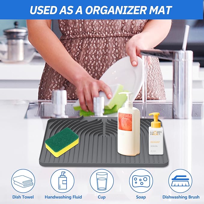 Dish Drying Mat for Kitchen Counter, with Built-in Drain Wide Lip, Food-Grade Silicone, Easy Clean Pad for Countertop Protection, Multi-Functional Use (18×12 Wide Lip, Grey)