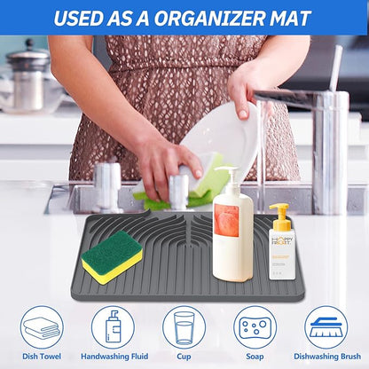 Dish Drying Mat for Kitchen Counter, with Built-in Drain Wide Lip, Food-Grade Silicone, Easy Clean Pad for Countertop Protection, Multi-Functional Use (18×12 Wide Lip, Grey)