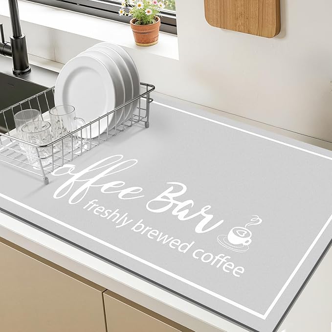 Findosom Dish Drying Mat, 17"x 32" Super Absorbent & Hide Stain Coffee Mat, Cuttable Drying Mat for Kitchen Counter, Coffee Bar Accessories, Under Dish Rack, Coffee Maker, Espresso Machine, LightGrey