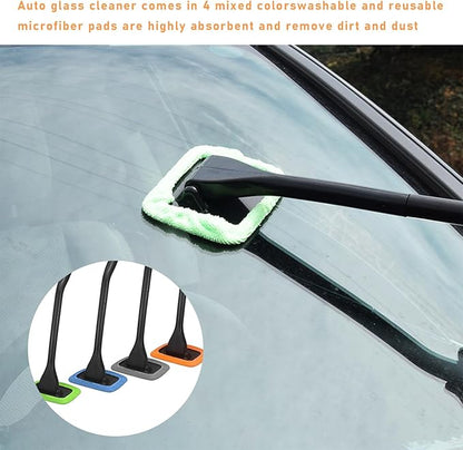 Car Windshield Cleaning Tool, Microfiber Window Cleaner with 4 Washable and Reusable Cloth Pad & Long Handle, Auto Glass Wiper Cleaning Kit with Spray Bottle, Car Accessories