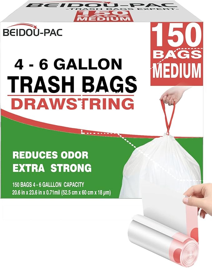 BEIDOU-PAC Trash Bags 4-6 Gallon Drawstring, 150 Count, Multifold Roll Garbage Bags, Medium Kitchen Trash Bags, Odorless & Heavy Duty White Plastic Food Scrap Bags for Bathroom Bedroom Office Waste