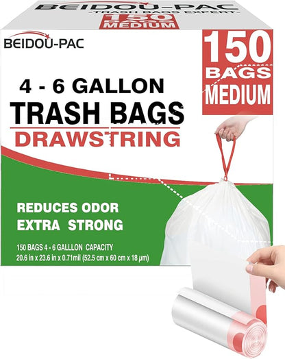 BEIDOU-PAC Trash Bags 4-6 Gallon Drawstring, 150 Count, Multifold Roll Garbage Bags, Medium Kitchen Trash Bags, Odorless & Heavy Duty White Plastic Food Scrap Bags for Bathroom Bedroom Office Waste