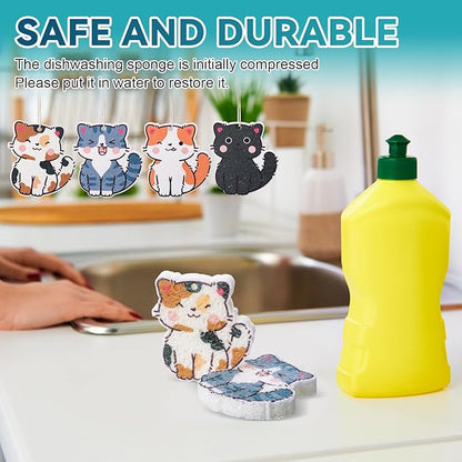 8 Pcs Christmas Sponges Dish Scrubber, Cute Kitchen Scrub Dual Sided Dishwashing Sponge Reusable Cleaning for Kitchen Dishes Furniture (Cat)