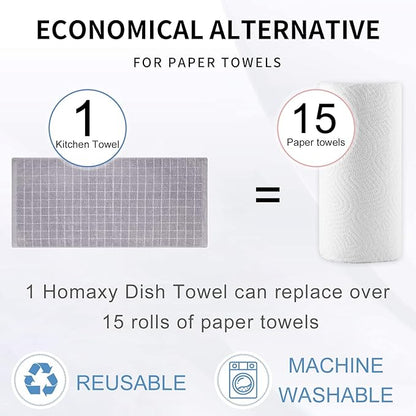 Homaxy 100% Cotton Terry Kitchen Towels(Light Grey, 13 x 28 inches), Checkered Designed, Soft and Super Absorbent Dish Towels, 12 Pack