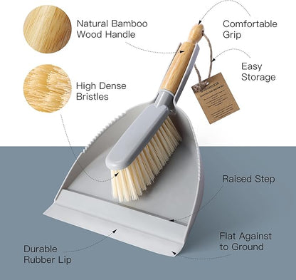 Small Dustpan and Brush Set - Mini Broom with Dustpan Set, Handheld Broom and Dust Pan Combo Set for Home, Pet Care, Car, 14 x 8.7 inch, Grey