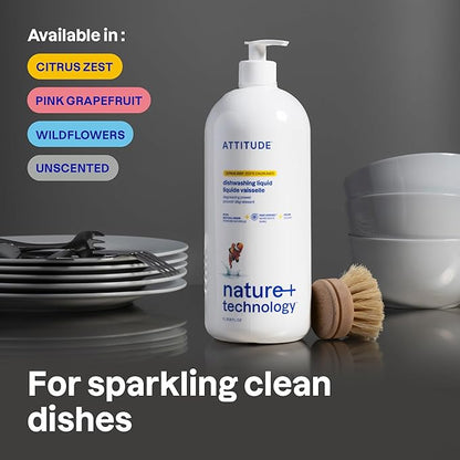 ATTITUDE Dish Soap, EWG Verified, Plant-Based & Vegan Dishwashing Liquid, Naturally Derived, Pink Grapefruit Scent, 33.8 Fl Oz