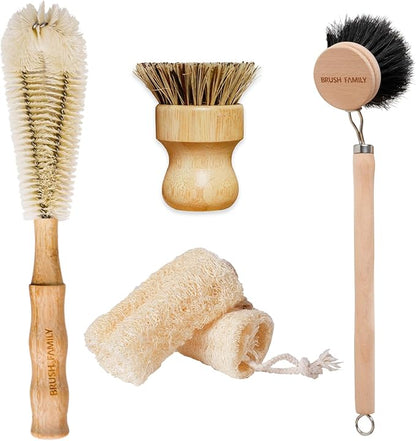5-Pieces Bamboo Dish Brush Set with Palm Brush, Wooden Handle Dish Scrub Brush, Bottle Scrubber, 2 Loofah Sponge for Dishes, Pans, Bottles, Pots, Vegetables