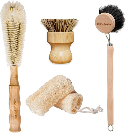 5-Pieces Bamboo Dish Brush Set with Palm Brush, Wooden Handle Dish Scrub Brush, Bottle Scrubber, 2 Loofah Sponge for Dishes, Pans, Bottles, Pots, Vegetables