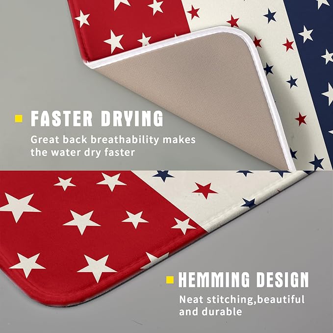 Blue Red White Star July of 4th Patriotic Dish Drying Mat for Kitchen Counter 16x18 Independence Day Absorbent Reversible Microfiber Drying Mats Kitchen Countertop Protector Dishes Drainer Rack Pad