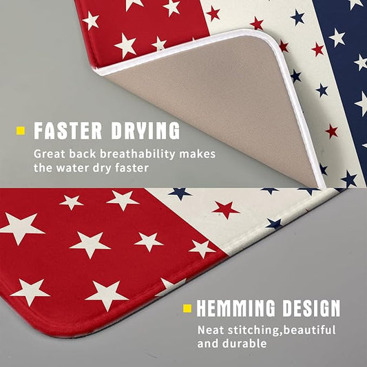 Blue Red White Star July of 4th Patriotic Dish Drying Mat for Kitchen Counter 16x18 Independence Day Absorbent Reversible Microfiber Drying Mats Kitchen Countertop Protector Dishes Drainer Rack Pad