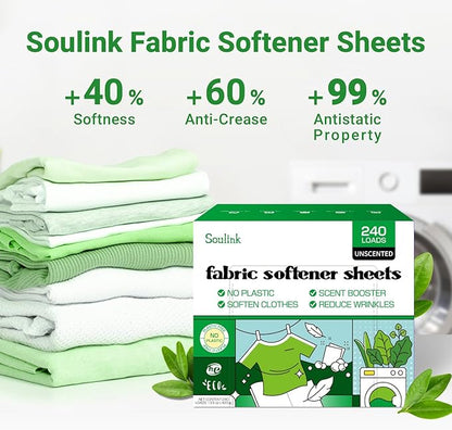 Soulink Fabric Softener Sheets for Washing Machine, No Plastic Jug Soap Strips, Alternative to Fabric Softener Liquid and Pods, Unscented Fragrance Free, Up to 240 Loads