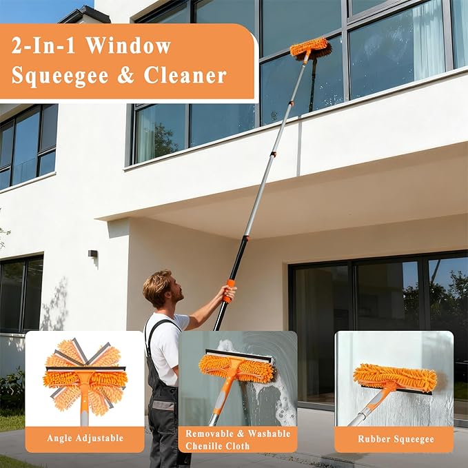 20ft High Ceiling Duster Kit with 4-12ft Heavy-Duty Extension Pole, Cobweb Duster, Ceiling Fan Duster, Window Squeegee & Cleaner, Microfiber Duster, Wall Mop for Home High Reach Cleaning