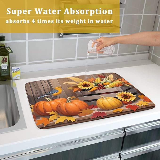 Fall Thanksgiving Dish Drying Mat for Kitchen Counter 18x24 Pumpkin Sunflower Bird Autumn Harvest Theme Absorbent Reversible Microfiber Drying Mats Kitchen Countertop Protector Dishes Drainer Pad